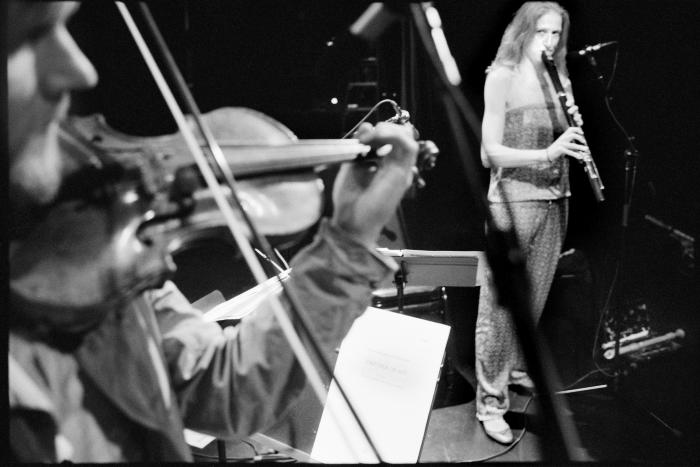 Violinist Rune Tonsgaard Sørensen and recorder player Bolette Roed, onstage during rehearsals for OM 18, San Francisco, CA (2013)