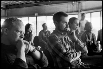 OM 18 artists and guests during private discussions at the Djerassi Resident Artists Program, vs. 2, Woodside CA (2013)