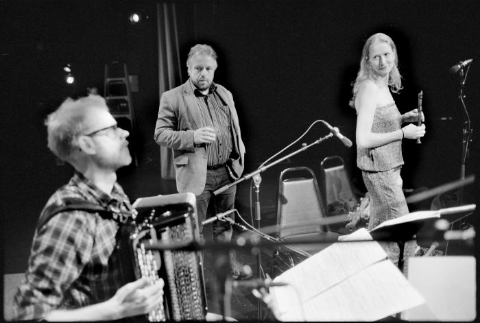 Accordionist Andreas Borregaard, Sunleif Rasmussen, and recorder player Bolette Roed during a rehearsal prior to OM 18, San Francisco, CA (2013)