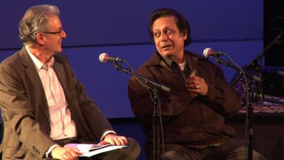 Charles Amirkhanian and Swapan Chaudhuri onstage during the first panel discussion of OM 18, San Francisco, CA (2013)
