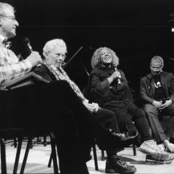 Charles Amirkhanian, Pauline Oliveros, Errollyn Wallen, and Don Byron in a panel discussion during OM 20 (2015)