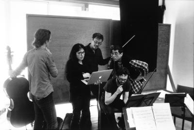 Miya Masaoka with the Del Sol String Quartet in rehearsal prior to OM 20, Woodside CA (2015)