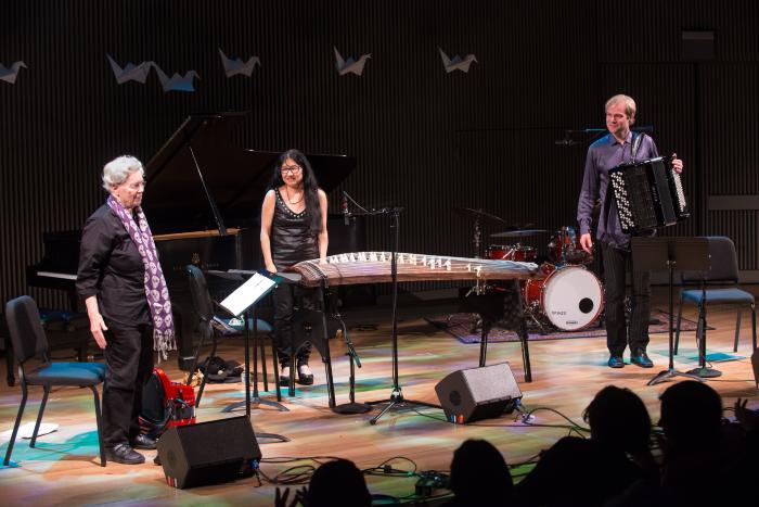 Pauline Oliveros, Miya Masaoka, and Frode Haltli onstage after performing during the second concert of OM 20, San Francisco CA (2015)