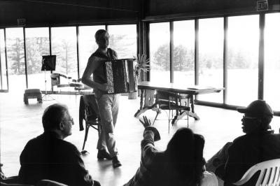 Frode Haltli playing his accordion for fellow composers at the Djerassi Rresident Artists Program, Woodside CA (2015)