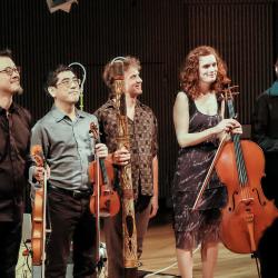 The Del Sol String Quartet with Stephen Kent after a performance at OM 20, San Francisco CA (2015)