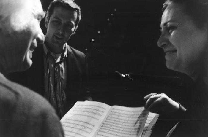 Tigran Mansurian, Bradley Hogarth, and Hasmik Papian reviewing a score prior to performances at OM 20, San Francisco CA (2015)