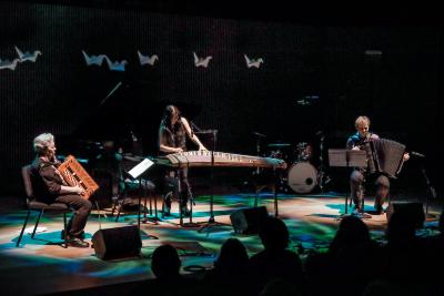 Pauline Oliveros, Miya Masaoka, and Frode Haltli performing during OM 20, San Francisco CA (2015)