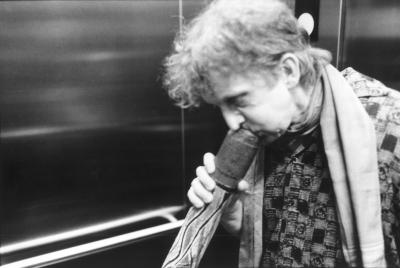 Stephen Kent blowing into his didjeridu in the elevator at SFJAZZ during OM 20, San Francisco CA (2015)
