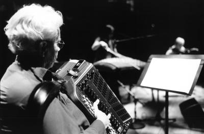 Pauline Oliveros playing accordion during a rehearsal prior to OM 20, San Francisco CA (2015)