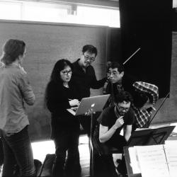 Miya Masaoka with the Del Sol String Quartet in rehearsal prior to OM 20, Woodside CA (2015)