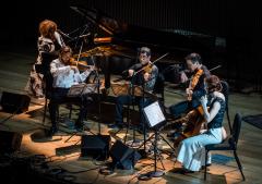 Errollyn Wallen with the Del Sol String Quartet performing during OM 20, San Francisco CA (2015)