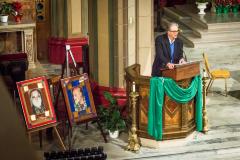 Charles Amirkhanian at the podium during introductions to OM 22 inside the Mission Dolores Basilica, San Francisco CA (February 18, 2017)