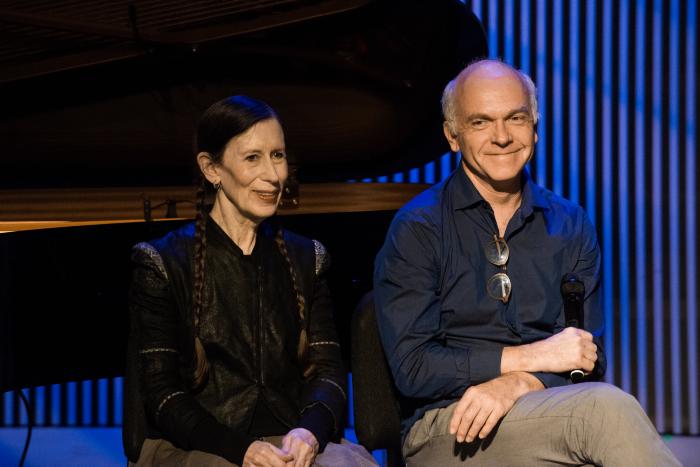 Meredith Monk and John Oswald during a panel discussion at OM 21, San Francisco CA (2016)