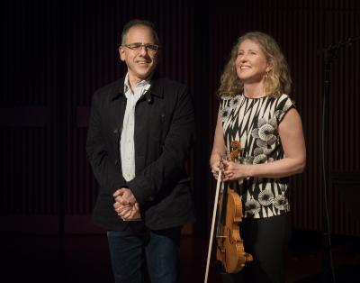 Composer Michael Gordon with violinist Kate Stenberg after a performance at OM 21, San Francisco CA (2016)