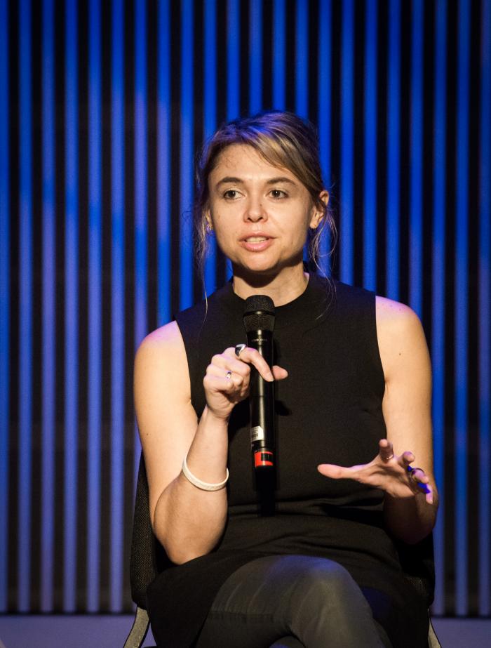 Nicole Lizée talking during the second panel discussion of OM 21, San Francisco CA (2016)