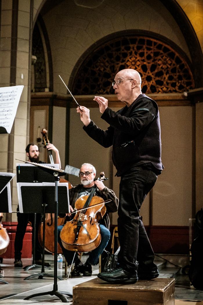 Dennis Russell Davies conducting the Other Minds Ensemble during a rehearsal prior to OM 22, San Francisco CA (February 18, 2017)