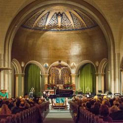 Dennis Russell Davies at the piano inside the Mission Dolores Basilica during the first concert of OM 22, San Francisco CA (February 18, 2017)