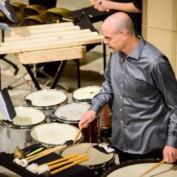 Percussionist Loren Mach during a performance of Canticle No. 3 by Lou Harrison during OM 22, San Francisco CA  (February 18, 2017)