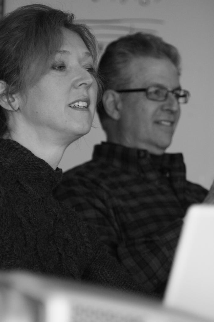 Natasha Barrett & Charles Amirkhanian (l to r), head and shoulders portrait, facing right, ver. 1, Woodside CA., (2010)