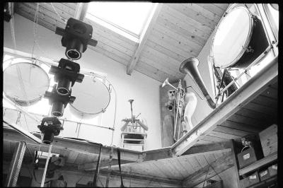 A selection of modified instruments and sound sculpture works in Trimpin’s studio, ver. 1, Seattle WA., (1998)