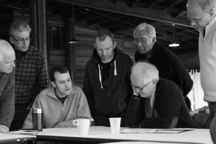 Some OM 15 composers and festival organizers examine a score, Woodside CA., (2010)