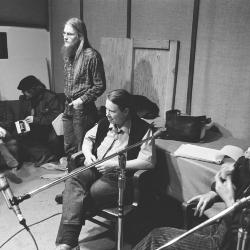 John Dinwiddie, Tom Zahuranec, Pauline Oliveros, and Anthony Gnazzo in the KPFA studio during Ode to Gravity with guest Annea Lockwood (1972)