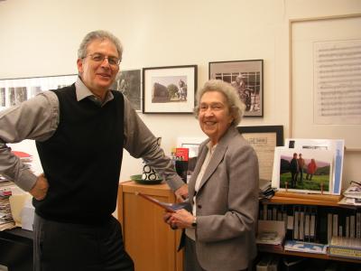 Charles Amirkhanian and Anahid Ajemian, laughing in the office of Other Minds, San Francisco CA (2009)
