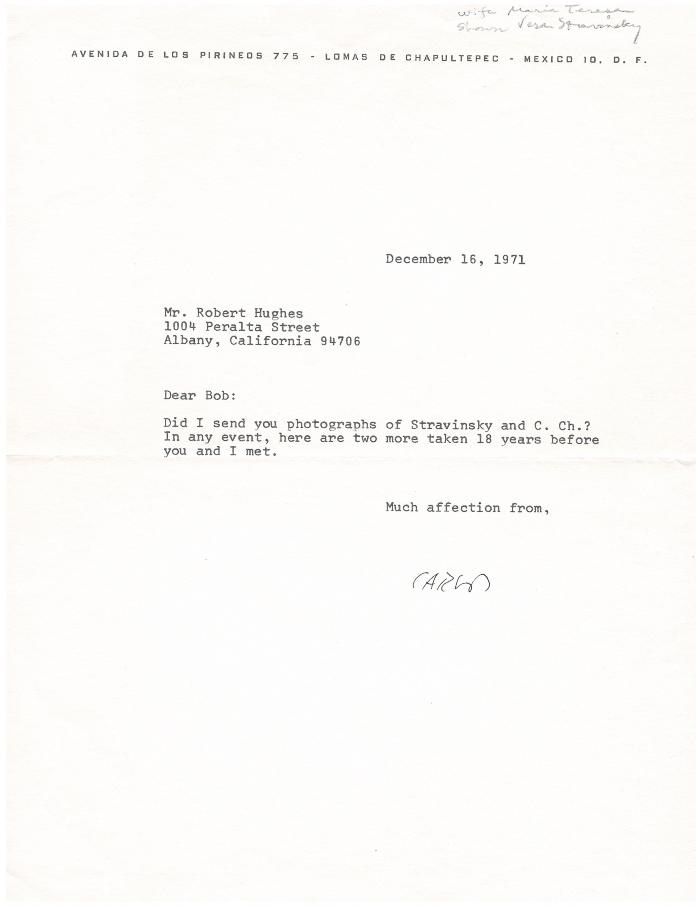 Letter to Robert Hughes from Carlos Chavez, December 1971 