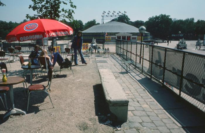 A portrait of Carol Law, standing near the Nouvel Hippodrome de Paris, France, 1976