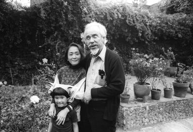 Conlon Nancarrow with wife Yoko and son Mako, three quarter portrait, facing forward, Mexico City, (1977)