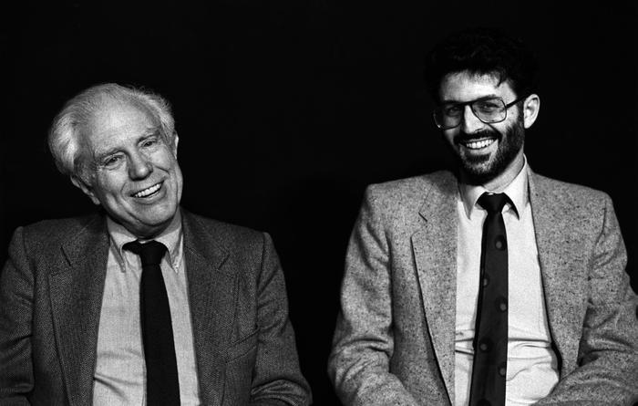 Elliot Carter and Charles Amirkhanian during Speaking of Music at the Exploratorium, San Francisco (ca. 1983)