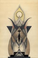 Untitled drawing, abstract geometrical shapes, includes vertically opposing triangles, raising flame, by Dane Rudhyar (cropped image)