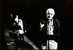 Three quarter length portrait of Robert Ashley onstage with performers during the 1st Other Minds Festival, San Francisco (1993)