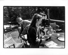 Meredith Monk, Conlon Nancarrow, and Foday Musa Suso outside on a deck in Woodside, CA (1993)