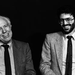 Elliot Carter and Charles Amirkhanian during Speaking of Music at the Exploratorium, San Francisco (ca. 1983)