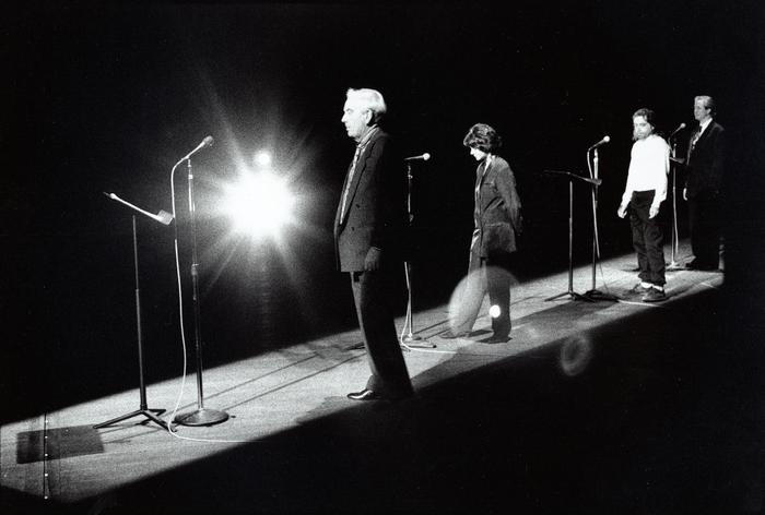 Robert Ashley, Jacqueline Humbert, Sam Ashley and Thomas Buckner onstage during the 1st Other Minds Festival, San Francisco (1993)