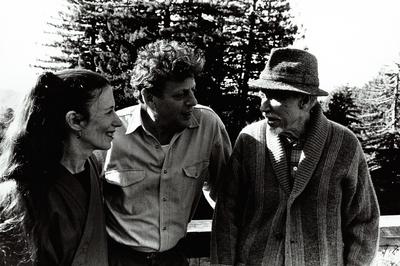 Meredith Monk, Philip Glass, & Conlon Nancarrow, half length portrait, facing each other, Woodside CA, (1993)