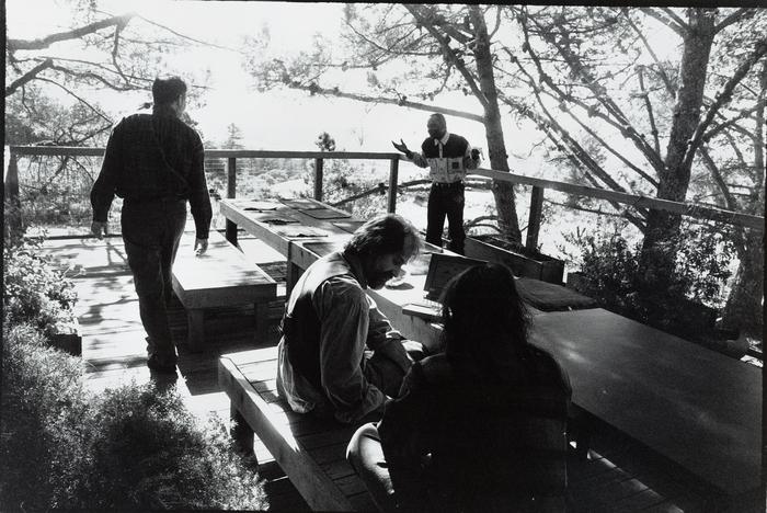 Trimpin, Charles Amirkhanian, and Foday Musa Suso on a deck at the Djerassi Resident Artists Program, Woodside, CA (1993)