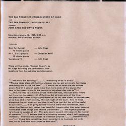 Printed program for concert by John Cage and David Tudor, January 16, 1965