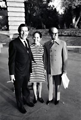 John Cage with Peggy and Milton Salkind, standing, facing forward, Putah Creek Lodge, Davis California, 1969