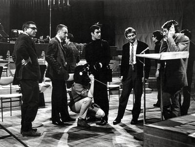 Luc Ferrari talking to a film crew, 1965