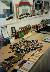 Various colored markers and artwork in the studio of John White, Los Angeles, 1983