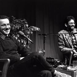 Keith Jarrett (left) and Charles Amirkhanian, seated, at the San Francisco Exploratorium, 1986