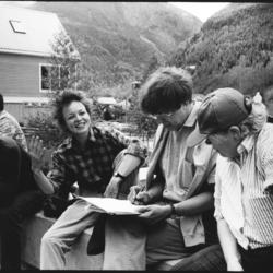 Portrait of composers sitting outside, working on their manifesto, Telluride, CO, 1990 (cropped image)