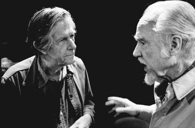 John Cage listening to Conlon Nancarrow, head and shoulders portrait facing each other, Telluride, CO. (1989)