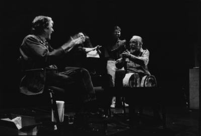 John Cage, Pamela Zoline, Charles Amirkhanian, and Conlon Nancarrow on stage, clapping, Telluride, CO. (1989)