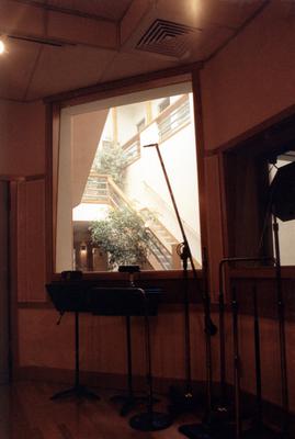 Atrium seen through a studio window, KPFA office, Berkeley CA, 1992