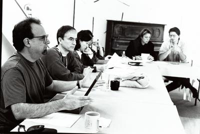 Several OM 4 artists, seated and listening, during one of the private composer presentations at the Djerassi Resident Artists Program, Woodside, CA (1997)