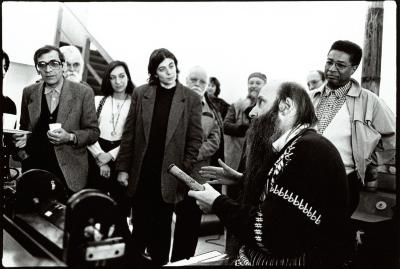 Several composers listen as Rex Lawson discusses the pianola, Woodside CA, (1995)