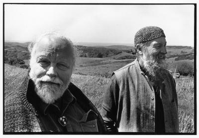 Lou Harrison, facing forward, and Terry Riley, facing right,head and shoulder portrait, Woodside CA, (1995)
